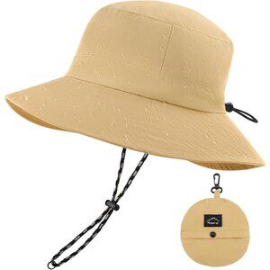 Unisex Khaki 100% Nylon Waterproof Wide Brim Mesh Vent Chin Strap Bucket Hat